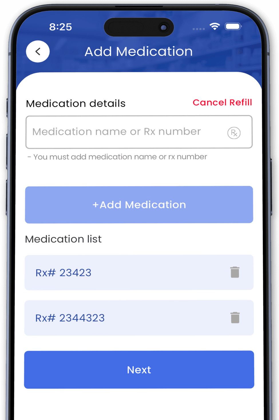 Mobile app screenshot showing history